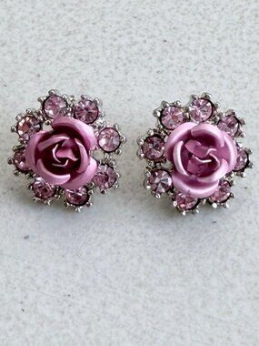 Vintage Rose & Crystal Stud Earrings 1960s Pink Floral Rhinestone Jewelry
